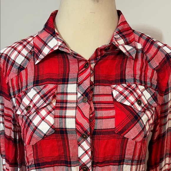 Red Blue and White Plaid Button Down Collard Shirt for Women Soft & Casual - Picture 4 of 11